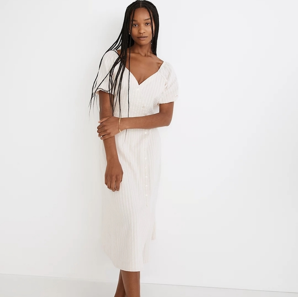 NWT Madewell Button Wrap Puff Sleeve Dress in Undyed Stripe